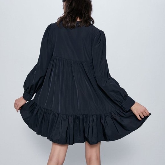 Zara Dress Women's Size Small Oversized Black Long Sleeve Mini Bow Tiered Ruffle - Picture 6 of 13